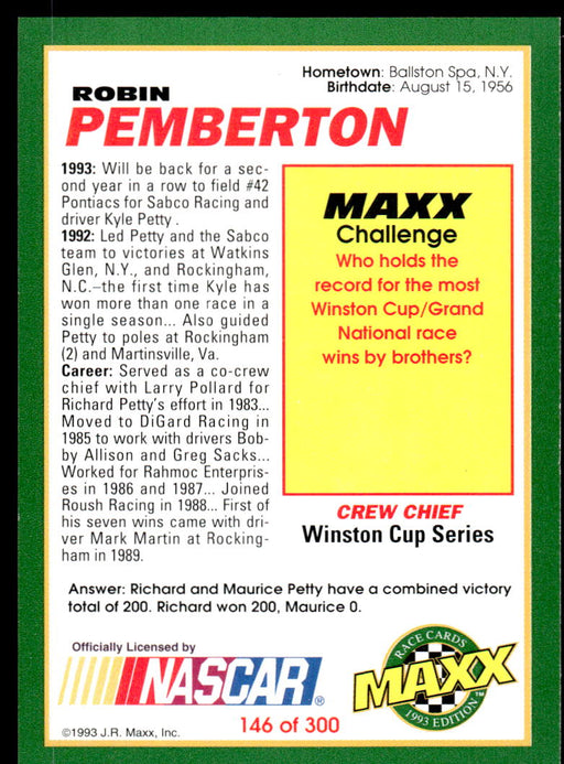 Robin Pemberton 1993 Maxx Race Cards Base Back of Card