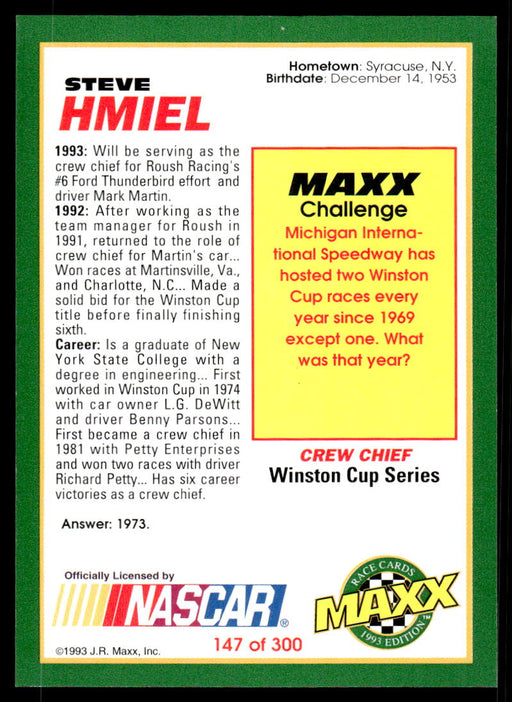 Steve Hmiel 1993 Maxx Race Cards Base Back of Card