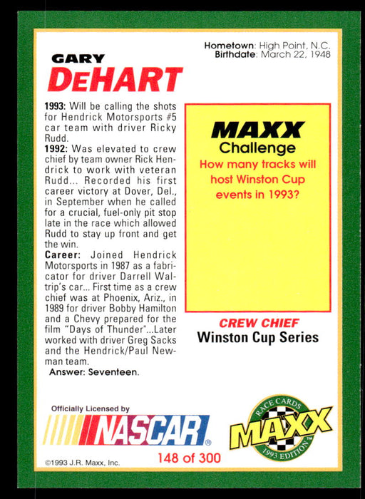 Gary DeHart 1993 Maxx Race Cards Base Back of Card