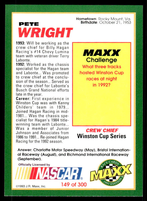 Pete Wright 1993 Maxx Race Cards Base Back of Card