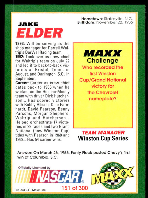 Jake Elder 1993 Maxx Race Cards Base Back of Card