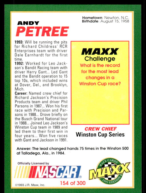 Andy Petree 1993 Maxx Race Cards Base Back of Card