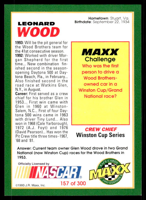 Leonard Wood 1993 Maxx Race Cards Base Back of Card