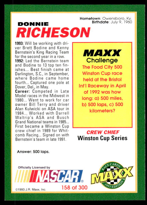 Donnie Richeson 1993 Maxx Race Cards Base Back of Card