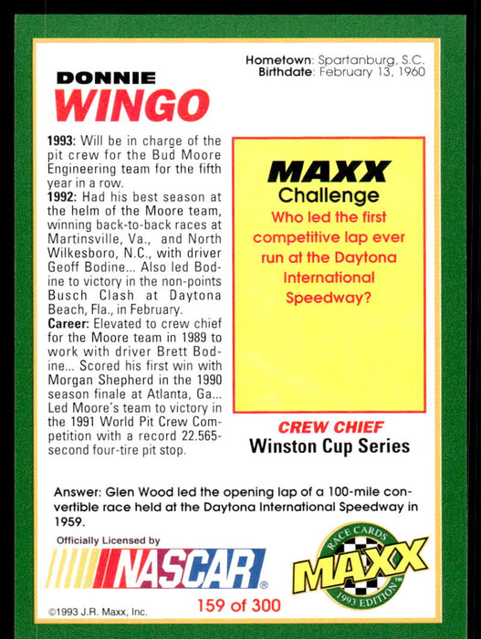 Donnie Wingo 1993 Maxx Race Cards Base Back of Card