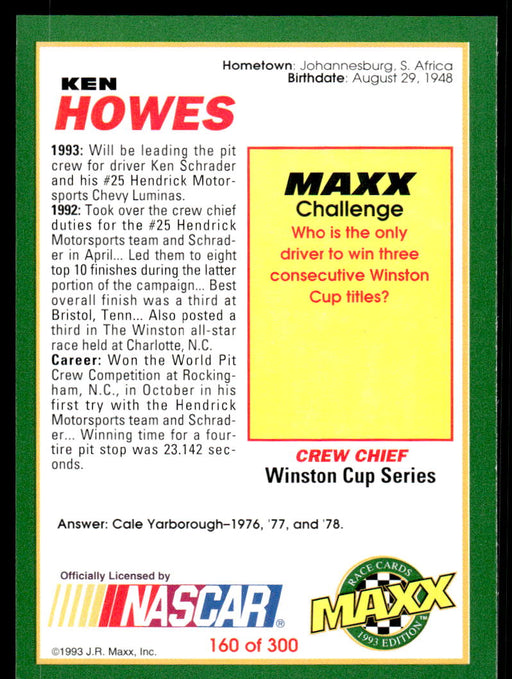 Ken Howes 1993 Maxx Race Cards Base Back of Card