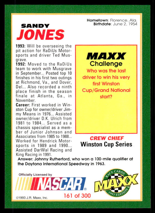 Sandy Jones 1993 Maxx Race Cards Base Back of Card