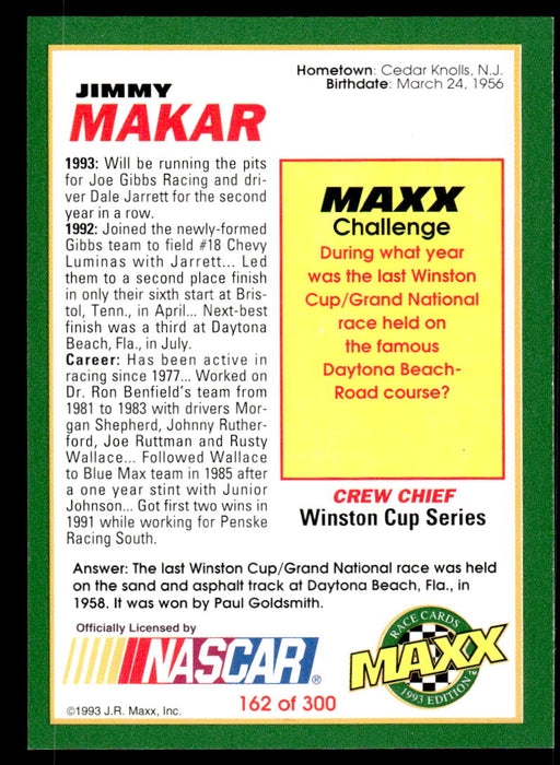 Jimmy Makar 1993 Maxx Race Cards Base Back of Card