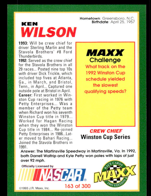 Ken Wilson 1993 Maxx Race Cards Base Back of Card