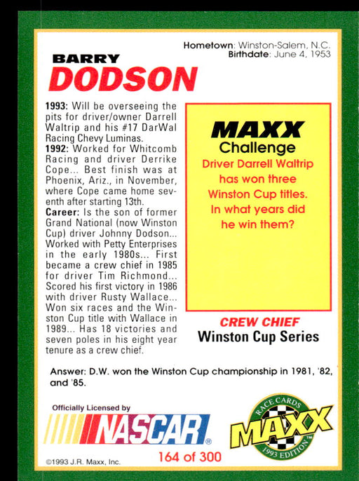 Barry Dodson 1993 Maxx Race Cards Base Back of Card