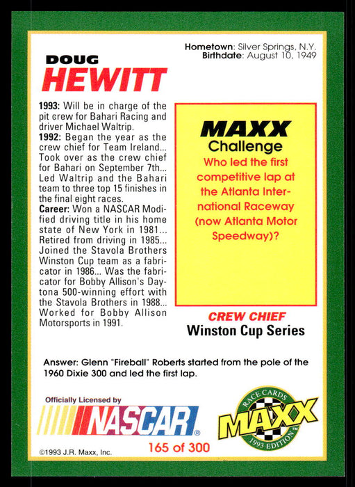 Doug Hewitt 1993 Maxx Race Cards Base Back of Card