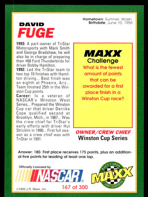 David Fuge 1993 Maxx Race Cards Base Back of Card