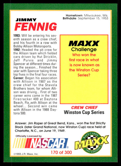 Jimmy Fennig 1993 Maxx Race Cards Base Back of Card