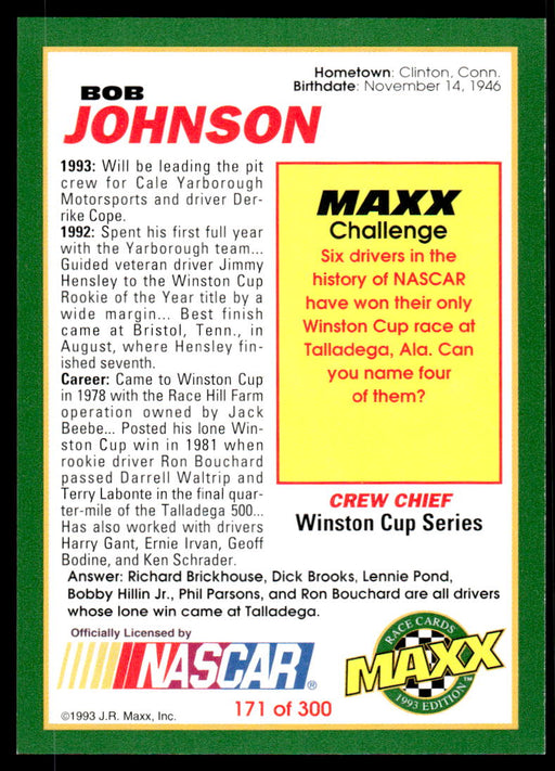 Bob Johnson 1993 Maxx Race Cards Base Back of Card