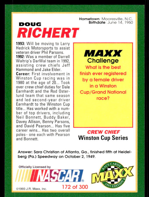 Doug Richert 1993 Maxx Race Cards Base Back of Card