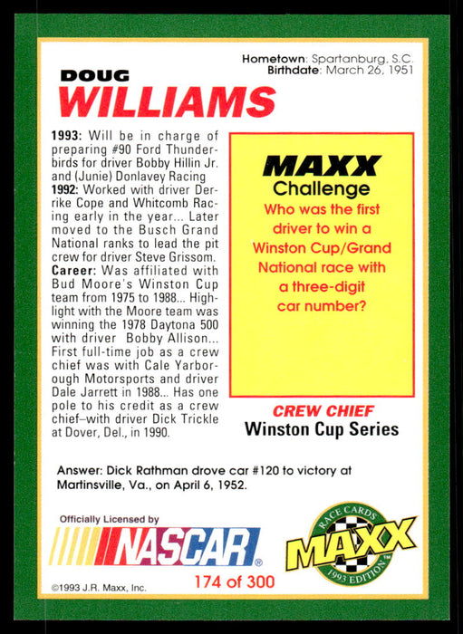 Doug Williams 1993 Maxx Race Cards Base Back of Card