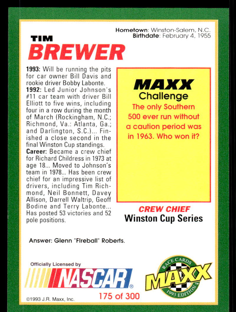 Tim Brewer 1993 Maxx Race Cards # 175 Base — Collectible Craze America
