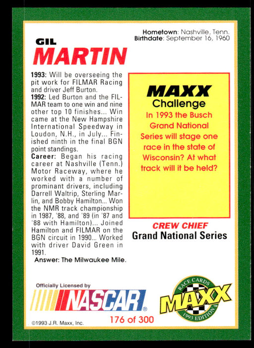 Gil Martin 1993 Maxx Race Cards Base Back of Card