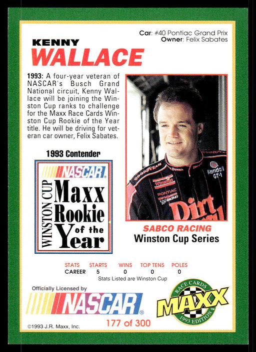 Kenny Wallace 1993 Maxx Race Cards Base Back of Card