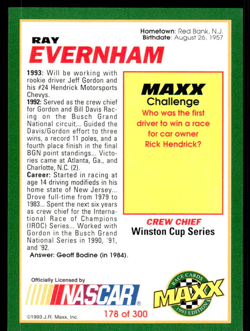 Ray Evernham 1993 Maxx Race Cards Base Back of Card