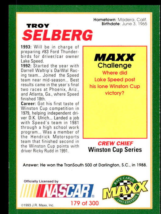 Troy Selberg 1993 Maxx Race Cards Base Back of Card