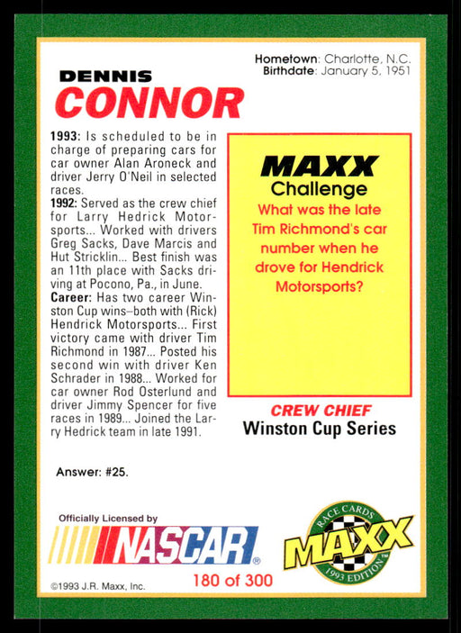 Dennis Connor 1993 Maxx Race Cards Base Back of Card