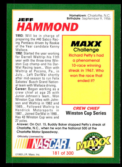 Jeff Hammond 1993 Maxx Race Cards Base Back of Card