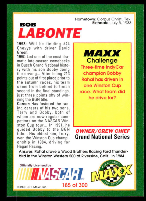 Bob Labonte 1993 Maxx Race Cards Base Back of Card