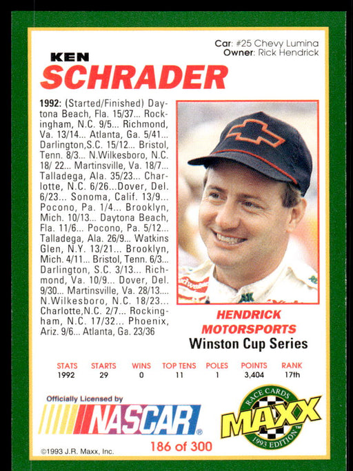 Ken Schrader 1993 Maxx Race Cards Base Back of Card