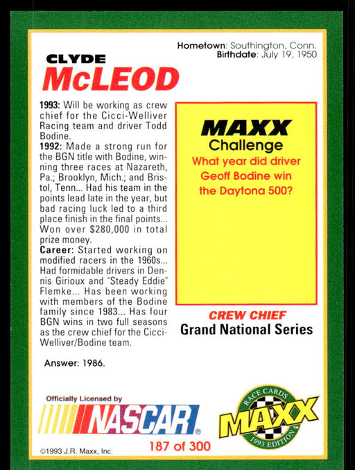 Clyde McLeod 1993 Maxx Race Cards Base Back of Card