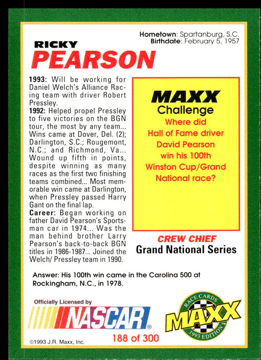 Ricky Pearson 1993 Maxx Race Cards Base Back of Card