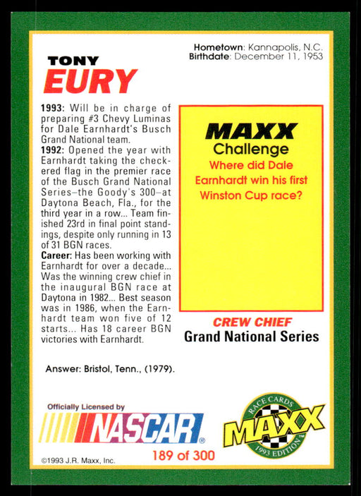 Tony Eury 1993 Maxx Race Cards Base Back of Card