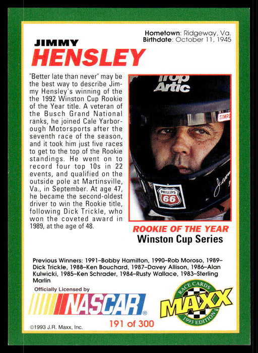 Jimmy Hensley 1993 Maxx Race Cards Base Back of Card