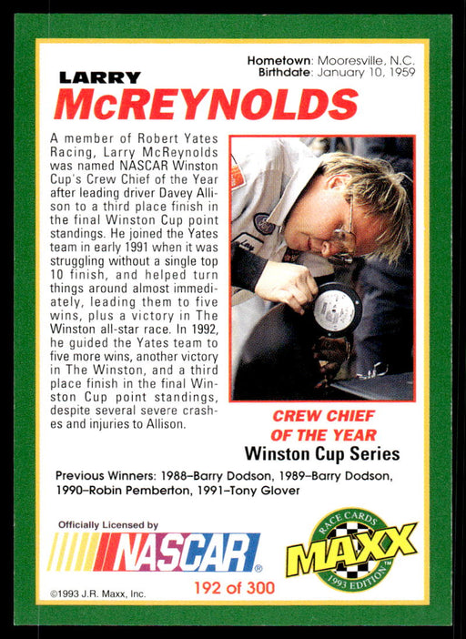 Larry McReynolds 1993 Maxx Race Cards Base Back of Card