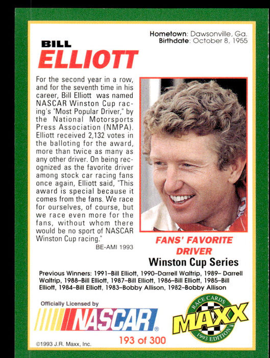 Bill Elliott 1993 Maxx Race Cards Base Back of Card