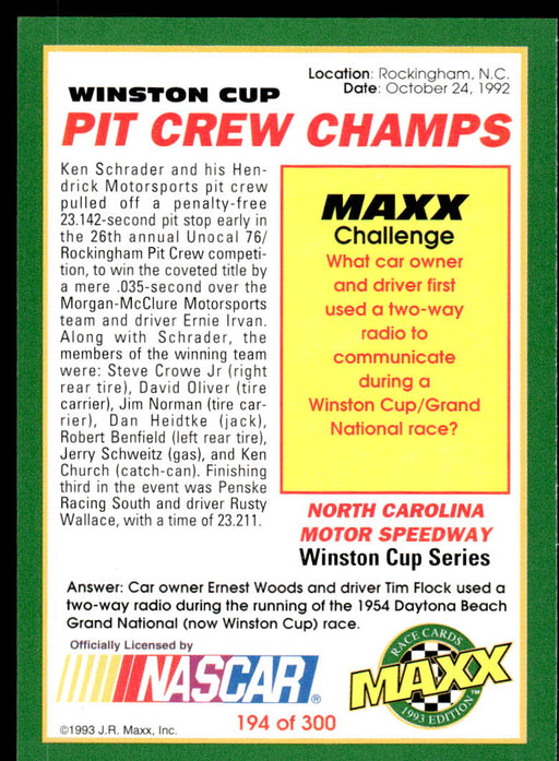 Pit Crew Champs 1993 Maxx Race Cards Base Back of Card