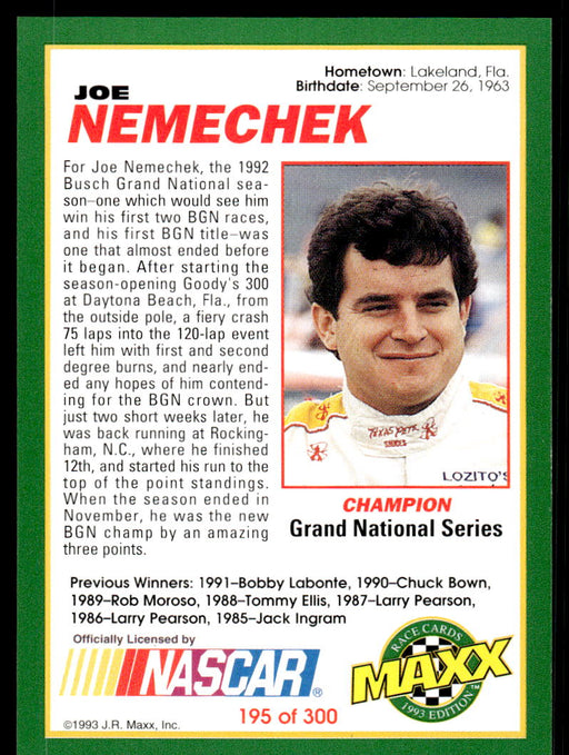 Joe Nemechek 1993 Maxx Race Cards Base Back of Card