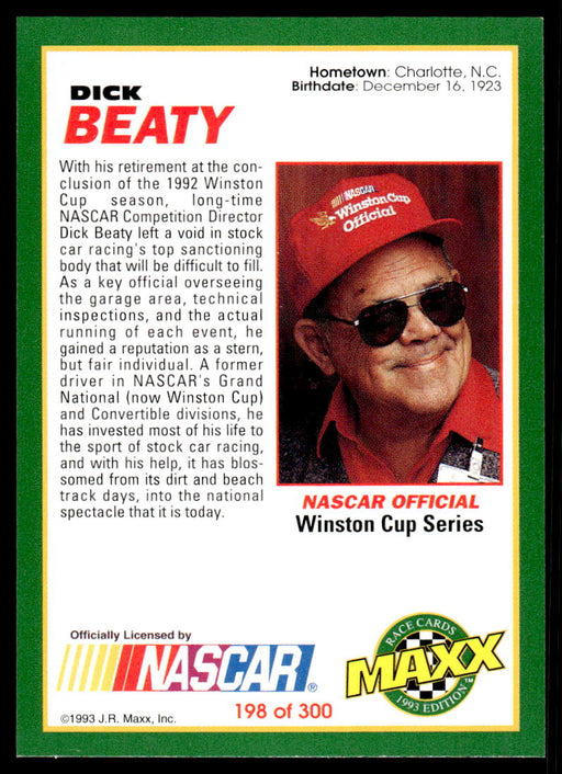 Dick Beaty 1993 Maxx Race Cards Base Back of Card