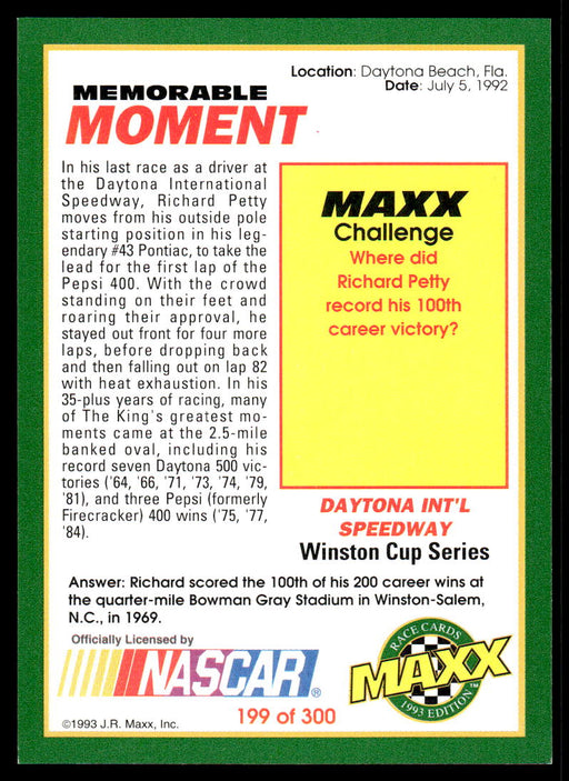 Pepsi 400 - Daytona 1993 Maxx Race Cards Base Back of Card