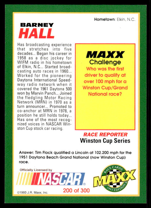 Barney Hall 1993 Maxx Race Cards Base Back of Card