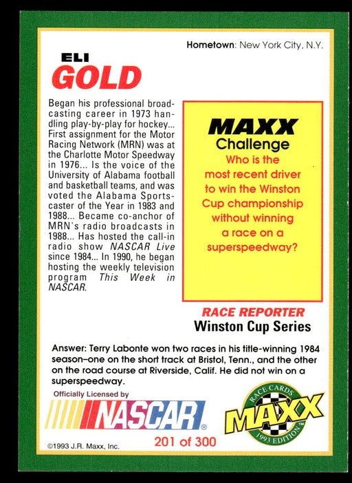 Eli Gold 1993 Maxx Race Cards Base Back of Card