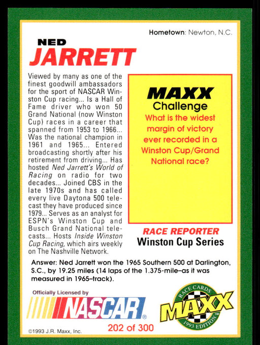 Ned Jarrett 1993 Maxx Race Cards Base Back of Card