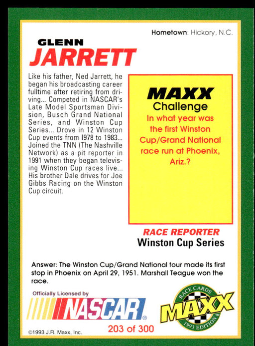 Glenn Jarrett 1993 Maxx Race Cards Base Back of Card