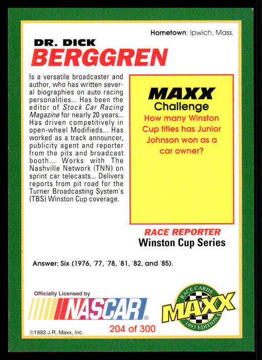 Dr. Dick Berggren 1993 Maxx Race Cards Base Back of Card