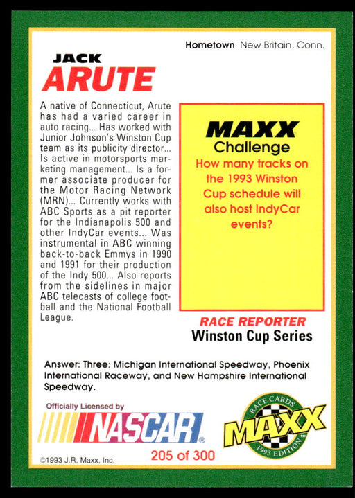 Jack Arute 1993 Maxx Race Cards Base Back of Card