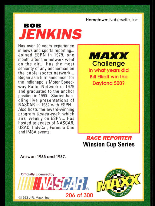 Bob Jenkins 1993 Maxx Race Cards Base Back of Card