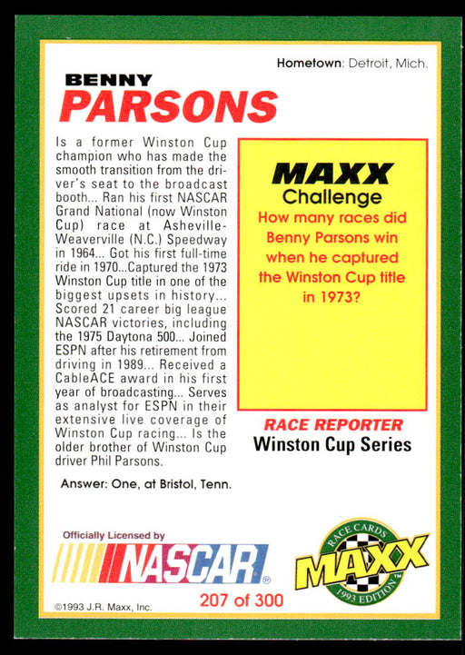 Benny Parsons 1993 Maxx Race Cards Base Back of Card