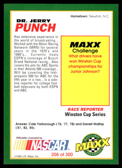 Dr. Jerry Punch 1993 Maxx Race Cards Base Back of Card