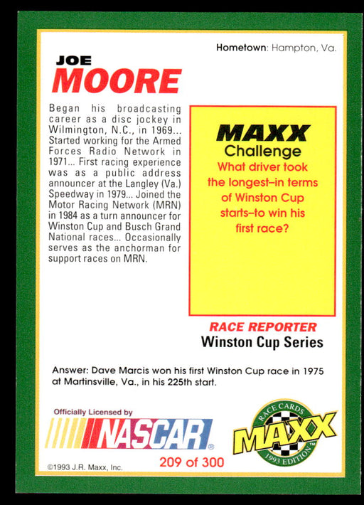 Joe Moore 1993 Maxx Race Cards Base Back of Card