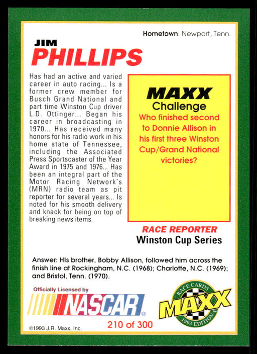 Jim Phillips 1993 Maxx Race Cards Base Back of Card